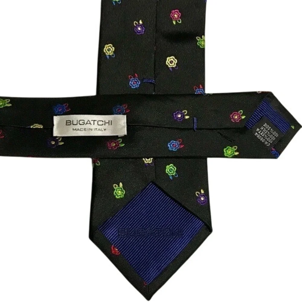 Bugatchi Mens Silk Tie Black Multi-Color Floral Embroidered Made‎ in Italy